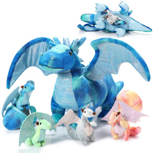 Deekin 7 Pcs Dragon Toy Set 16 Inch Large Dragon Stuffed Animal With 4 Cute Baby Plush Dragons And 2 Eggs In Mommy Dragons Bell