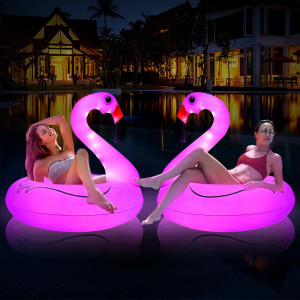 Tepoal Inflatable Flamingo Pool Floats With Lights Solar Powered Flamingo Swimming Pool Tubes 42 Inches Summer Lake Beach Floa