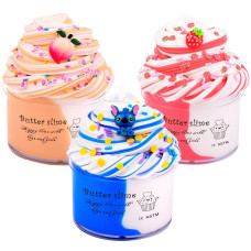 Keemanman Butter Slime Kit, 3 Pack With Blue, Strawberry And Peach Charms, Cute Preppy And Aesthetic Stuff, Stress Toys And Cool Birthday Gifts Ideas For Girls And Boys, Party Favors For Kids