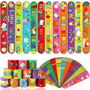 Junebrushs Back To School Slap Bracelets 56 Pcs Welcome Back To School Gifts For Kids Students Party Favors Colorful Snap Brace