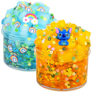 2 Pack Jelly Cube Crunchy Slime Kit Clear Crystal Slime With Rainbow And Yellow Super Soft And Nonsticky Birthday Gift Slime