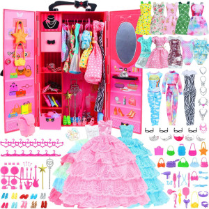 Bjdbus 110 Pcs Doll Wardrobe With Clothes And Accessories Closet Set For 115 Inch Girl Doll Storage Wedding Gown Fashion Dress