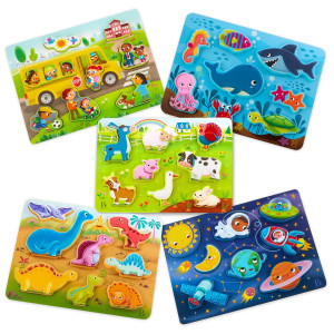 B Toys Peek Explore 5Pack Bus Farm Sea Space Dino Chunky Puzzle 5Pack Wooden Puzzles 8 Pieces Each 2 Years