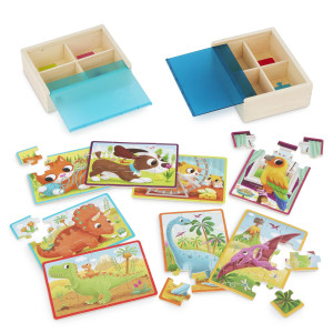 B Toys Pack O Puzzles 2Pack Pets Dinos Wooden Puzzle Box Set 2 Puzzle Boxes 8 Puzzles 12Piece Jigsaw Puzzles For K