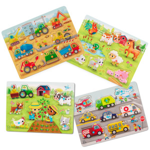 B Toys Peek Explore Puzzle 4Pack Wood Toys For Toddlers Kids 8 Pieces Each Vehicles Trucks Animals Barnyard 2