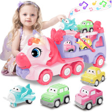 Seveclotree Toys For 1 2 3 Year Old Girl 5In1 Unicorn Toys Carrier Truck Toy Cars With Light Sound Girl Toddler Toys Age 2