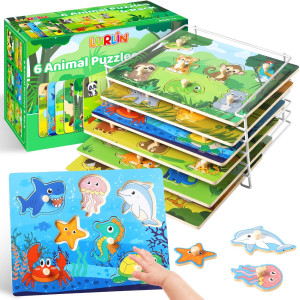 Wooden Puzzles For Toddlers 13 6 Pack Peg Puzzles With Wire Puzzle Holder Rack For Kids Learning Educational Puzzles For Baby