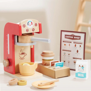 Giant Bean Wooden Coffee Maker Set Toy For Kids 15 Pcs Play Kitchen Accessories Pretend Playset For Kidsfun Gifts For Boys A