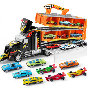 Joyin Toy Truck For Kids 5Ft Race Track And 12 Diecast Metal Toy Cars Racing Car With Lights Sounds Carrier Truck Toy Gift