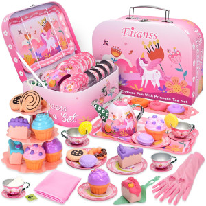 Tea Party Set For Little Girls 51Pcs Tin Princess Frozen Unicorn Tea Time Toys With Food Playset Tablecloth Princess Dress Up