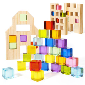 Woodtoe Wooden Building Blocks Set For Kids 36 Pcs Rainbow Acrylic Gem Cubes Blocks 3 Wood House Montessori Stacking Toy For