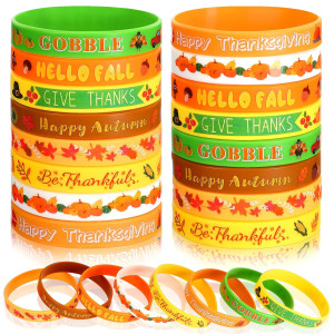 Junebrushs 24Pcs Thanksgiving Silicone Bracelets Rubber Wristbands Fall Party Favors For Kids Decorations For Autumn Thanksgivin