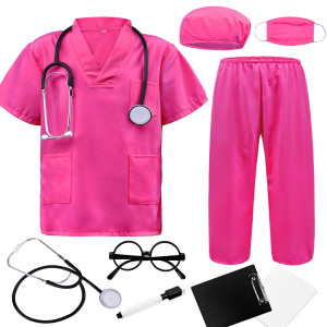 Zzihan Doctor Costume For Kids Rose Scrubs Sets Nurse Scrubs Costume Veterinarian Costume Doctor Coat Accessories Toys Stethosco