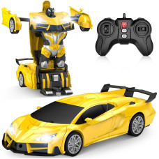 Qumcou Remote Control Car Transform Robot Rc Cars With Cool Headlights 24Ghz Kids Toys Car With 360 Degree Rotation And Oneb