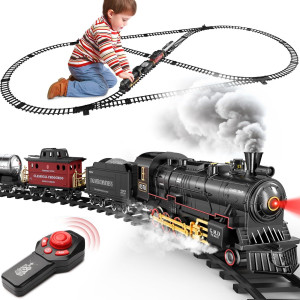 Hot Bee Train Set For Boys Alloy Remote Control Train Toys With Steam Locomotive Cargo Cars Tracks Trains With Realistic Smoke