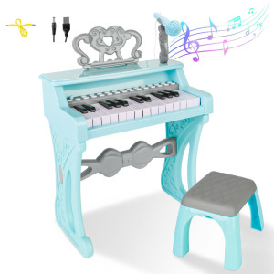 Deao Childrens Piano For Girls Childrens Musical Piano Keyboard Toys Electronic Piano Toy With Stool And Microphone 25 Keys