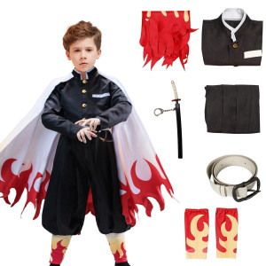 Vzqi Rengoku Costume Kids Anime Cosplay Kimono Halloween Red Flame Cloak M