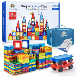 Sunny Auntie Magnetic Tiles 180 Pcs Bonus Zippered Case Magnetic Tiles For Kids Toy For 3 4 5 6 7 8 Year Old Boys Girls