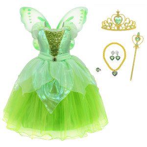 Cqdy Tinkerbell Princess Costume For Girls Fancy Fairy Green Dress Halloween Party Tale Role Play Outfit With Accessories