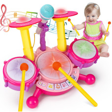 Baby Drums Set 612 1218 Months Musical Toy With 2 Sticks Microphone Pink Toy For 1 2 Year Old Girl Birthday Gifts Music Instru