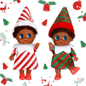 Threan 2 Pcs Christmas Elf Twins Ethnic Hispanic African American Black Elves Doll Xmas Figure Baby Toy Village Elf Accessories