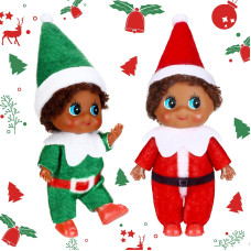 Threan 2 Pcs Christmas Elf Twins Ethnic Hispanic African American Black Elves Doll Xmas Figure Baby Toy Village Elf Accessories