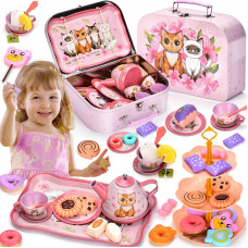 Lajeje 52Piece Pretend Play Tea Set For Little Girls Gift For Age 3 4 5 6 Year Old Toddler Toys Party Set For Kids Desserts