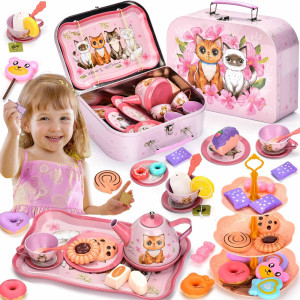 Lajeje 52Piece Pretend Play Tea Set For Little Girls Gift For Age 3 4 5 6 Year Old Toddler Toys Party Set For Kids Desserts