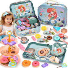 Lajeje 52Pcs Mermaid Tea Party Set For Little Girls Pretend Tin Teapot Set With Metal Carrying Case Little Mermaid Princess To