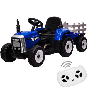 12V Kids Ride On Tractor With Trailer Remote Control Toddler Battery Powered Electric Car Slow Start 7Led Headlights Usb Musi