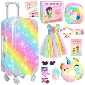 19Pcs 18 Inch Girl Doll Accessories Case Luggage Travel Play Set With Doll Clothes Camera Travel Pillow Bag Dress Glasses Doll S