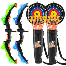 Asmad 2 Pack Kids Bow And Arrow Set Led Light Up Archery Toy Set 20 Suction Cup Arrows Target Quiver Indoor And Outdoor Ki