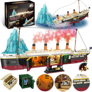 Zylvoxia Titanic Building Set 2288 Pcs Titanic Big Ship Model Block Set With Glacier And Glowing Light Strip Giant Ship Buildi