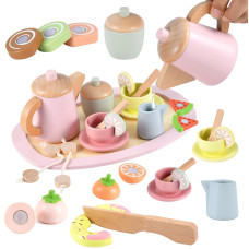 Wooden Tea Party Set Tea Set For Little Girls 13 Toddler Tea Sets For Girls 24 With Wooden Toys Food Pretend Play Tea Party W