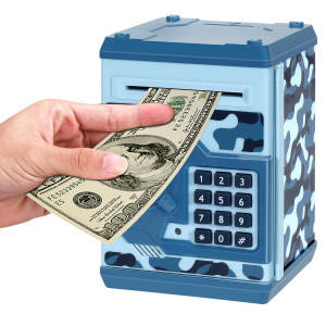 Renvdsa Cartoon Electronic Atm Password Piggy Bank Cash Coin Can Auto Scroll Paper Money Saving Box Gift For Kids Blue Camoufla