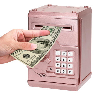 Renvdsa Cartoon Electronic Atm Password Piggy Bank Cash Coin Can Auto Scroll Paper Money Saving Box Gift For Kids Rose Gold