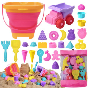 Sloosh Beach Sand Toys Set Pink Dump Truck Car Toys With Sand Molds Toddlers Outdoor Play Collapsible Buckets Mesh Bag Sand S