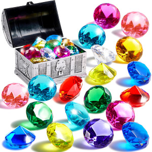 Sloosh Diving Gems Pool Toys 16 Big Colorful Diamond With Pirate Treasure Chest Swim Dive Toy For Kids Underwater Gemstone Swi