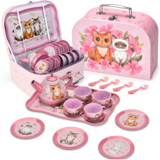 Lajeje Cat Tea Party Set For Little Girls 19Pcs Pretend Play Toy Birthday Gift For Toddlers Ages 3 4 5 6 Year Old Includes K