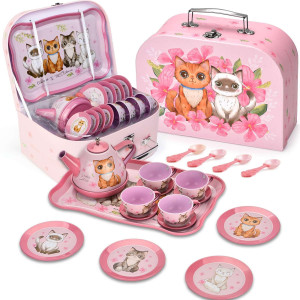 Lajeje Cat Tea Party Set For Little Girls 19Pcs Pretend Play Toy Birthday Gift For Toddlers Ages 3 4 5 6 Year Old Includes K