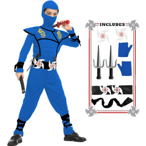 Satkull Ninja Costumes Halloween Ninja Costume For Kids Dragon Ninja Costumes Set Halloween Role Play Costume For Boys(Kids-M-6/7T Blue)