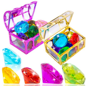 Hercugifts 2 Pack Diving Toys Colorful 6 Big Gems Sets With Treasure Pirate Box Summer Swimming Gem Pool Toys Treasures Gift Set