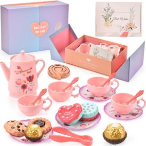 Lajeje Tea Party Set Pretend Play Toy For 3 4 5 6 Year Old Girls Plastic Tea Set With Desserts Gift Box For Birthday Valent