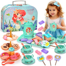 Lajeje Mermaid Tea Party Set For Little Girls Pretend Plastic Teapot Set Princess Tea Time Play Kitchen Toy With Cups Plates