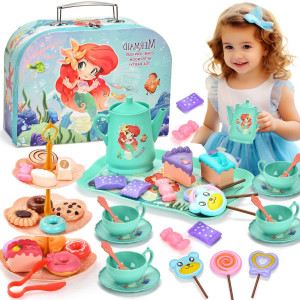 Lajeje Mermaid Tea Party Set For Little Girls Pretend Plastic Teapot Set Princess Tea Time Play Kitchen Toy With Cups Plates