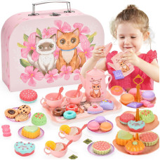 Lajeje Toddler Toys Tea Party Set For Little Girls 44 Pcs Pretend Plastic Teapot Set Princess Tea Time Play Kitchen Toy With