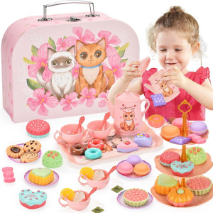 Lajeje Toddler Toys Tea Party Set For Little Girls 44 Pcs Pretend Plastic Teapot Set Princess Tea Time Play Kitchen Toy With