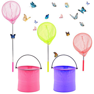 Dewel 3 Pack Colored Telescopic Butterfly Nets For Kids Bug Insect Catching Net Extendable 34 Inches Pop Up Insect Mesh Cage But