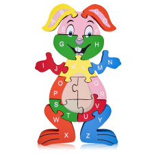 Lovestown Rabbit Wooden Puzzles 26Pcs Alphabet And Number Building Blocks Wood Jigsaw Puzzle For Kids Preschool