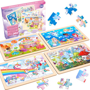 Wooden Puzzles For Kids Ages 3-6+ Unicorn Mermaid Princess Fairy 4 Pack Puzzles For Girls, 24-Piece Toddler Puzzles, Educational Preschool Birthday Christmas Easter Gifts For 3 4 5 6 Year Old Girls